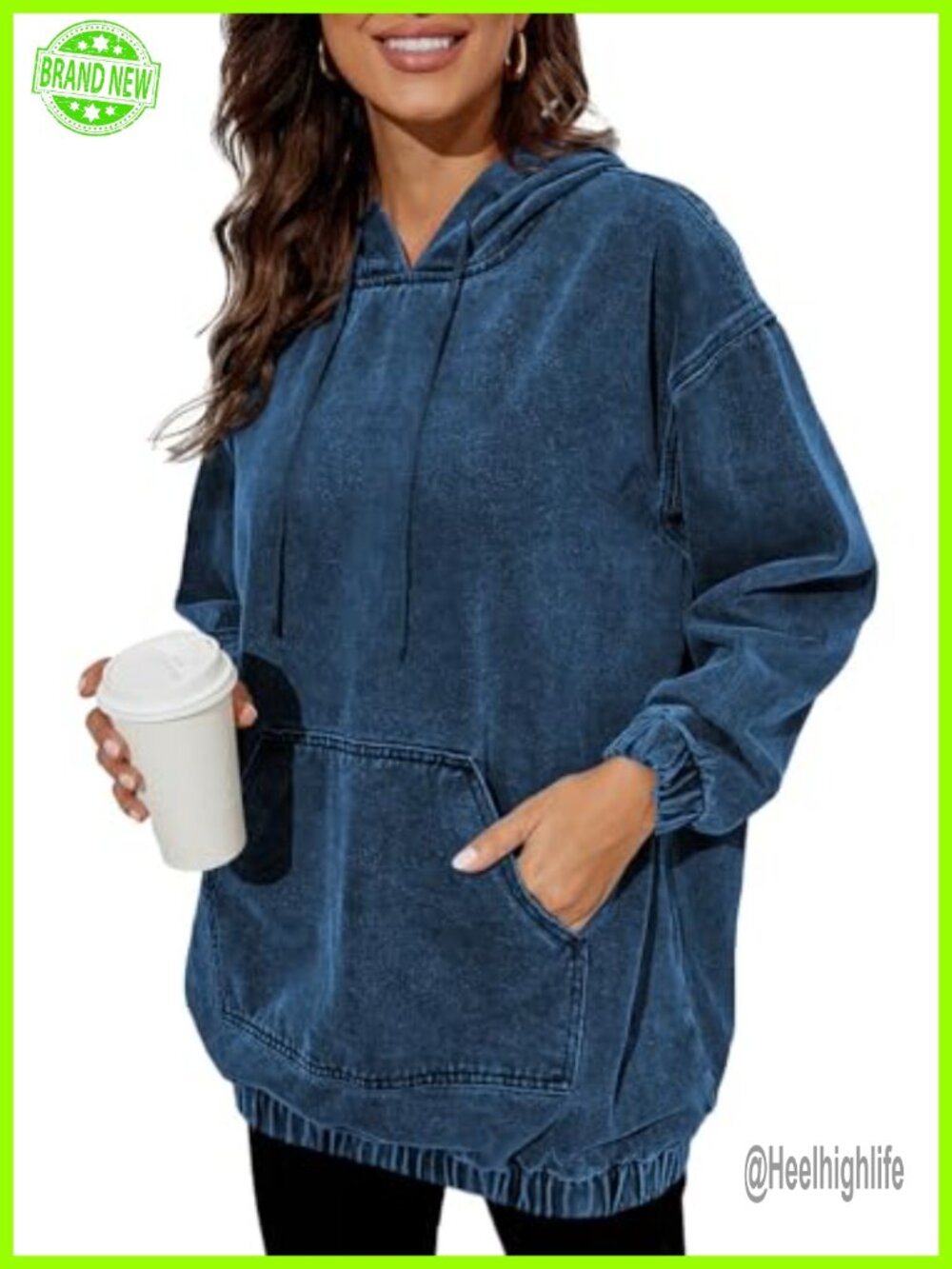 Denim Hoodie Long Sleeve Pullover Sweatshirt Jean Jacket with Pockets